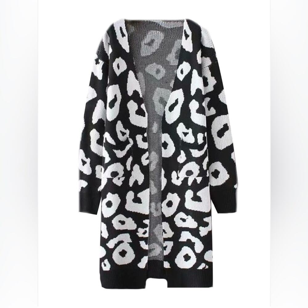 Bold Black and White Cardigan Sweater with Abstract Pattern